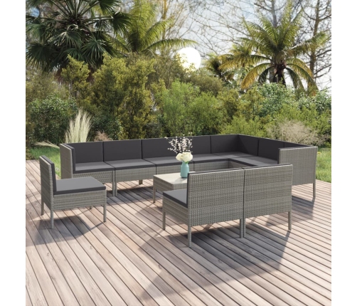 Set de muebles de jardín 11 pzas y cojines ratán sintético gris