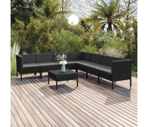 Set de muebles de jardín 8 pzas y cojines ratán sintético negro