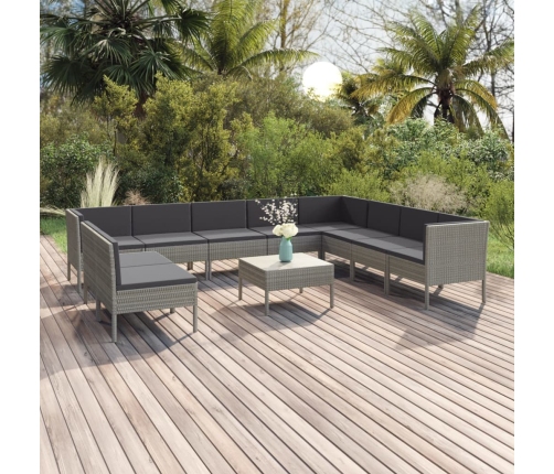 Set de muebles de jardín 11 pzas y cojines ratán sintético gris