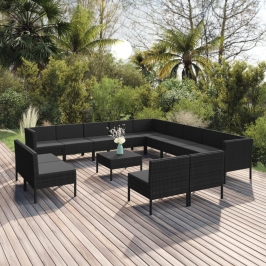 Set de muebles de jardín 14 pzas cojines ratán sintético negro
