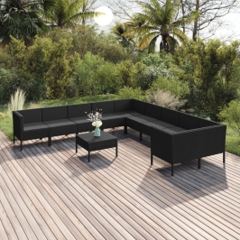Set de muebles de jardín 11 pzas cojines ratán sintético negro