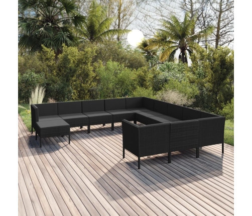 Set muebles de jardín 12 pzas y cojines ratán sintético negro