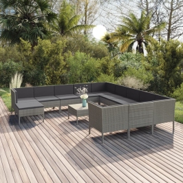Set de muebles de jardín 13 pzas y cojines ratán sintético gris