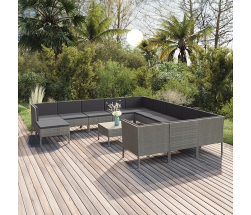Set de muebles de jardín 13 pzas y cojines ratán sintético gris