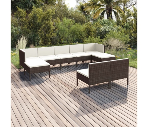 Set muebles de jardín 9 pzas y cojines ratán sintético marrón