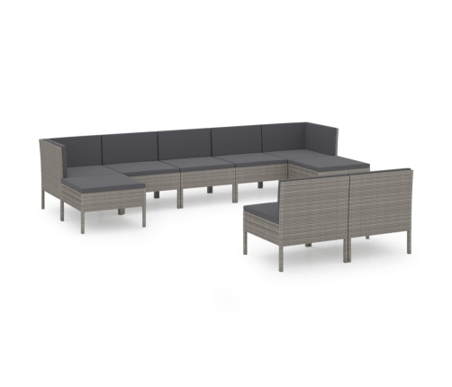 Set de muebles de jardín 9 pzas y cojines ratán sintético gris