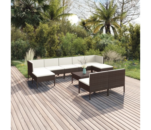 Set muebles de jardín 10 pzas y cojines ratán sintético marrón