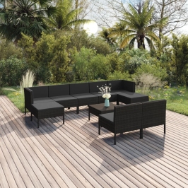 Set de muebles de jardín 10 pzas cojines ratán sintético negro