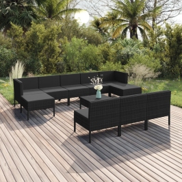 Set muebles de jardín 11 pzas y cojines ratán sintético negro