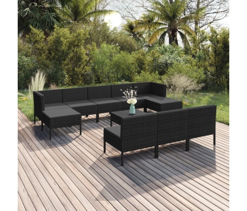 Set muebles de jardín 11 pzas y cojines ratán sintético negro