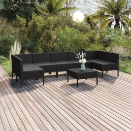 Set de muebles de jardín 8 pzas y cojines ratán sintético negro