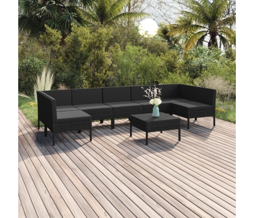 Set de muebles de jardín 8 pzas y cojines ratán sintético negro