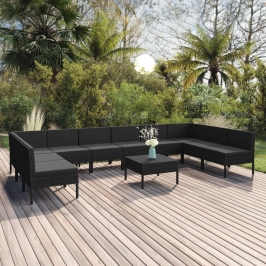 Set de muebles de jardín 11 pzas cojines ratán sintético negro
