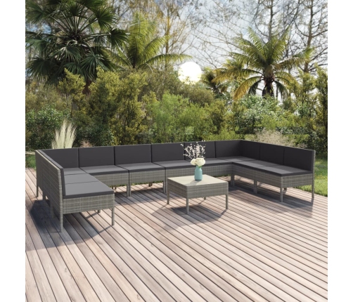Set de muebles de jardín 11 pzas y cojines ratán sintético gris