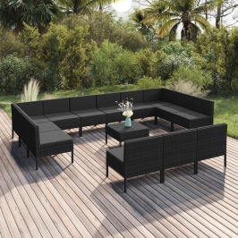 Set de muebles de jardín 14 pzas cojines ratán sintético negro