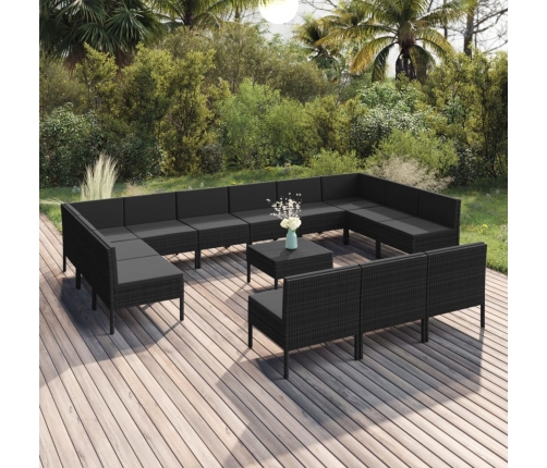 Set de muebles de jardín 14 pzas cojines ratán sintético negro