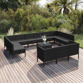 Set de muebles de jardín 14 pzas cojines ratán sintético negro