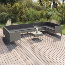Set de muebles de jardín 11 pzas y cojines ratán sintético gris