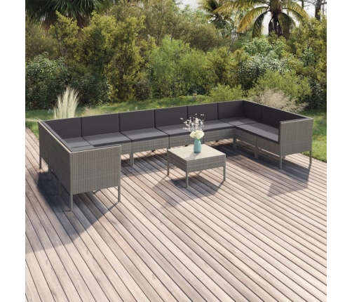 Set de muebles de jardín 11 pzas y cojines ratán sintético gris