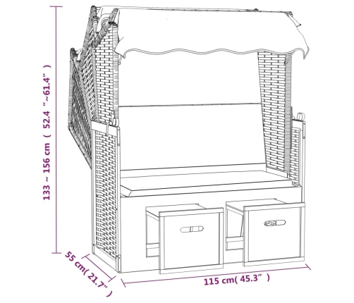 vidaXL Silla playa Strandkorb dosel ratán sintético madera gris blanco