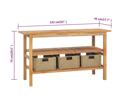 Mueble de baño con 3 cestas madera maciza de teca 132x45x75 cm