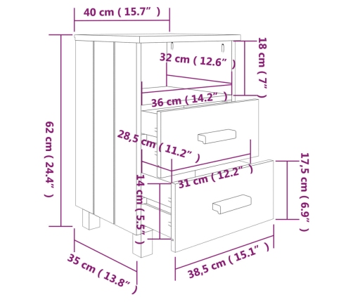 Mesita de noche HAMAR madera maciza de pino blanca 40x35x62 cm