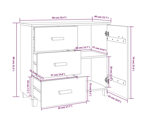 Aparador HAMAR madera de pino maciza marrón miel 90x40x80 cm