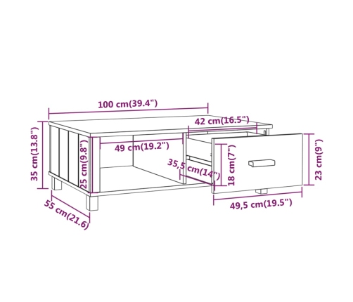 vidaXL Mesa de centro HAMAR madera maciza pino marrón miel 100x55x35cm