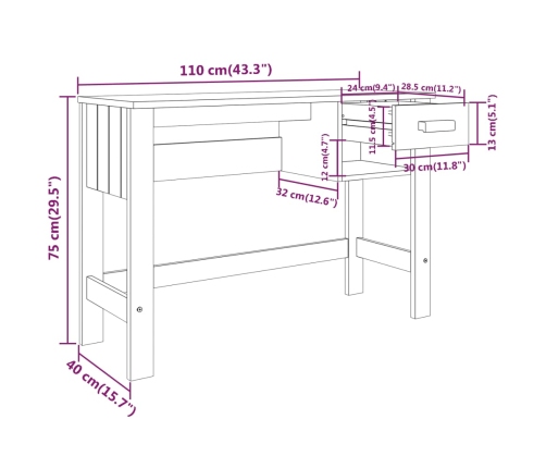 Escritorio HAMAR madera de pino maciza marrón miel 110x40x75 cm