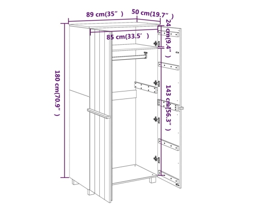Armario HAMAR madera maciza de pino blanco 89x50x180 cm