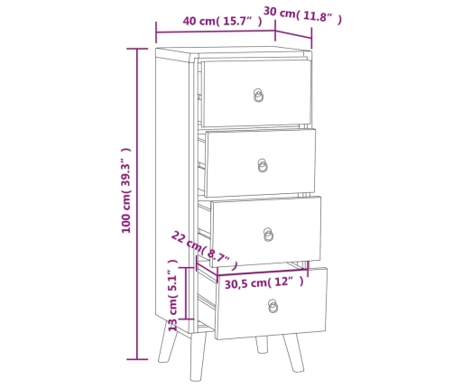 Cómoda de madera maciza de teca 40x30x100 cm