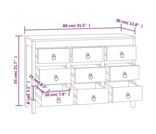 Cómoda de madera maciza de teca 80x30x55 cm