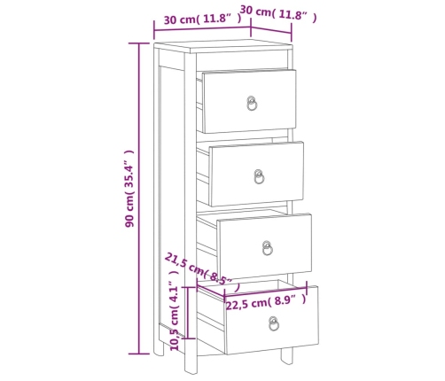 Cómoda de madera maciza de teca 30x30x90 cm