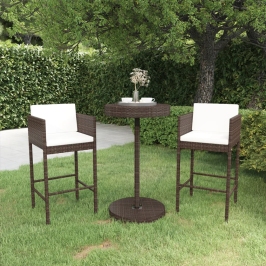 Set de bar de jardín 3 piezas y cojines ratán sintético marrón