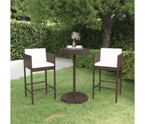 Set de bar de jardín 3 piezas y cojines ratán sintético marrón