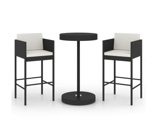 Set muebles bar jardín 3 piezas y cojines ratán sintético negro