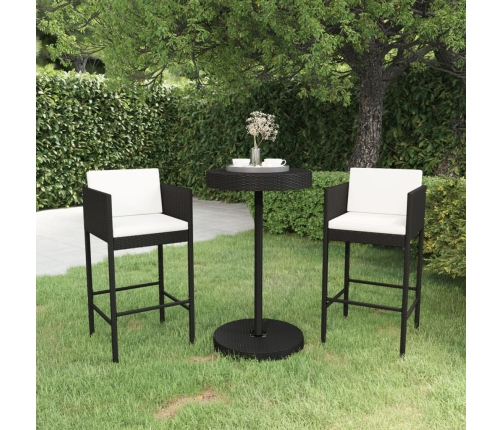 Set muebles bar jardín 3 piezas y cojines ratán sintético negro