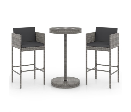 Set muebles bar jardín 3 piezas y cojines ratán sintético gris