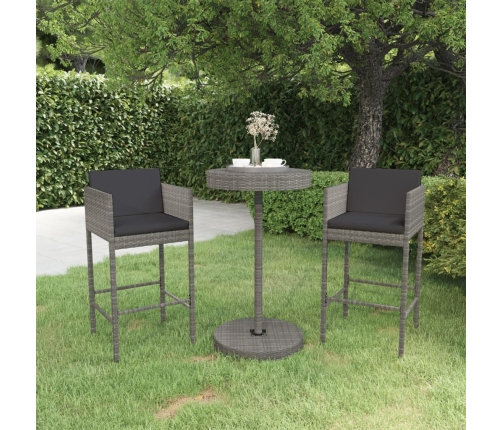 Set muebles bar jardín 3 piezas y cojines ratán sintético gris