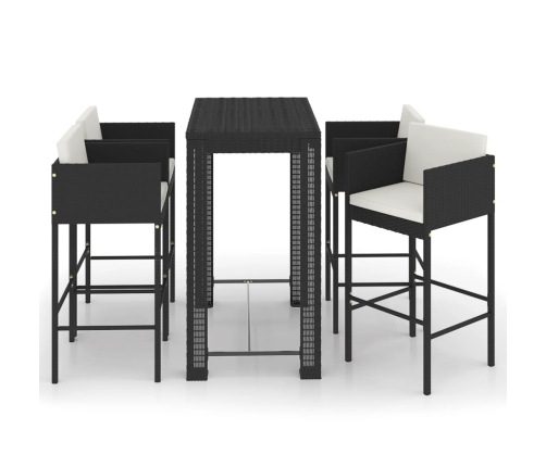Set muebles bar jardín 5 piezas y cojines ratán sintético negro