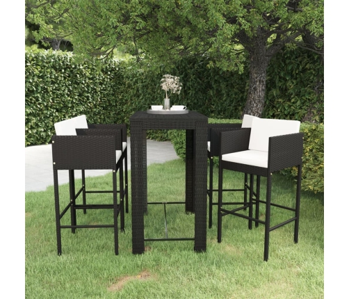 Set muebles bar jardín 5 piezas y cojines ratán sintético negro