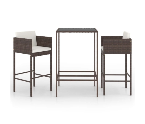 Set de bar de jardín 3 piezas y cojines ratán sintético marrón