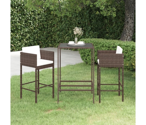 Set de bar de jardín 3 piezas y cojines ratán sintético marrón