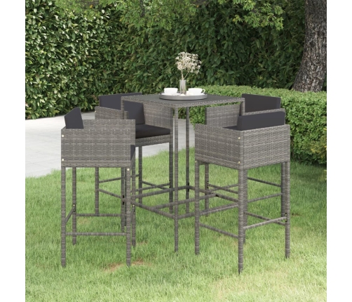 Set muebles de bar jardín 5 pzas y cojines ratán sintético gris
