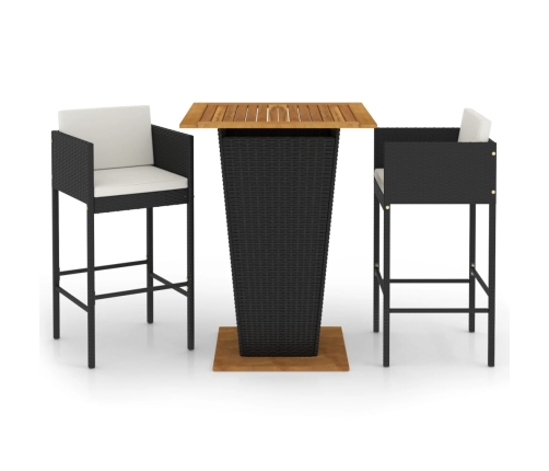 Set muebles bar jardín 3 piezas y cojines ratán sintético negro