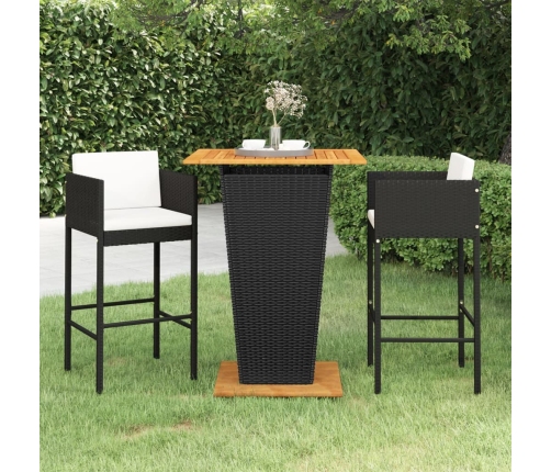 Set muebles bar jardín 3 piezas y cojines ratán sintético negro