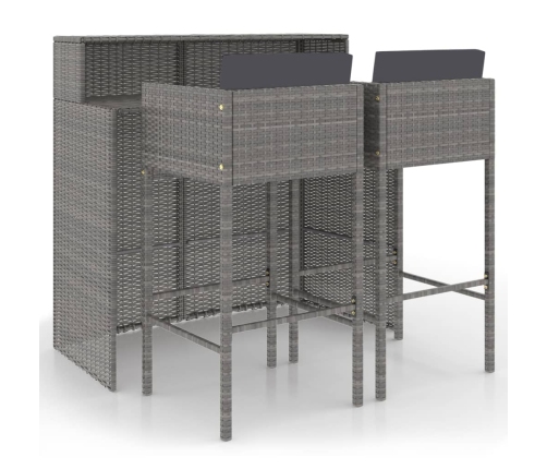 Set de muebles bar jardín 3 pzas y cojines ratán sintético gris