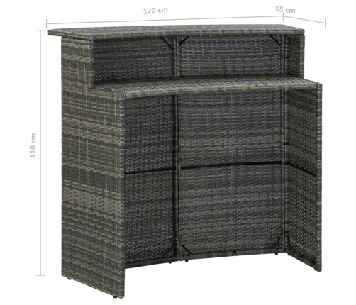 Set de muebles bar jardín 3 pzas y cojines ratán sintético gris