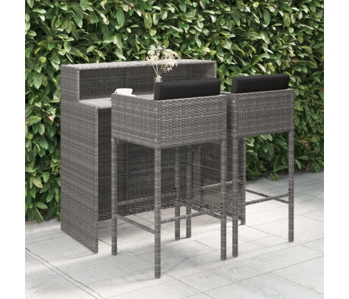 Set de muebles bar jardín 3 pzas y cojines ratán sintético gris