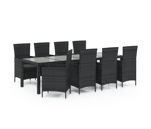 Set comedor de jardín 9 piezas y cojines ratán sintético negro